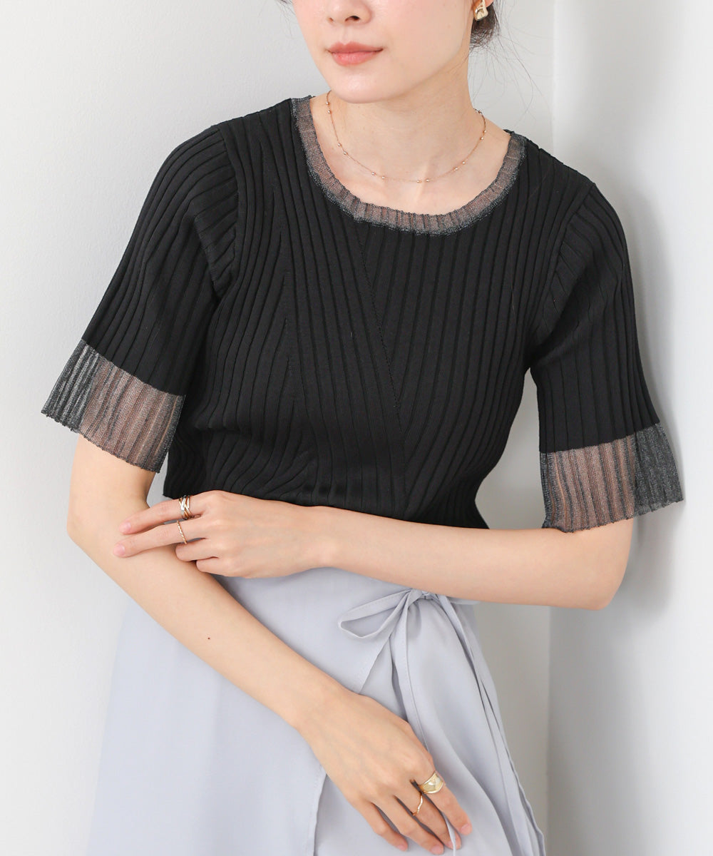 シアー使い5分袖リブニットトップス