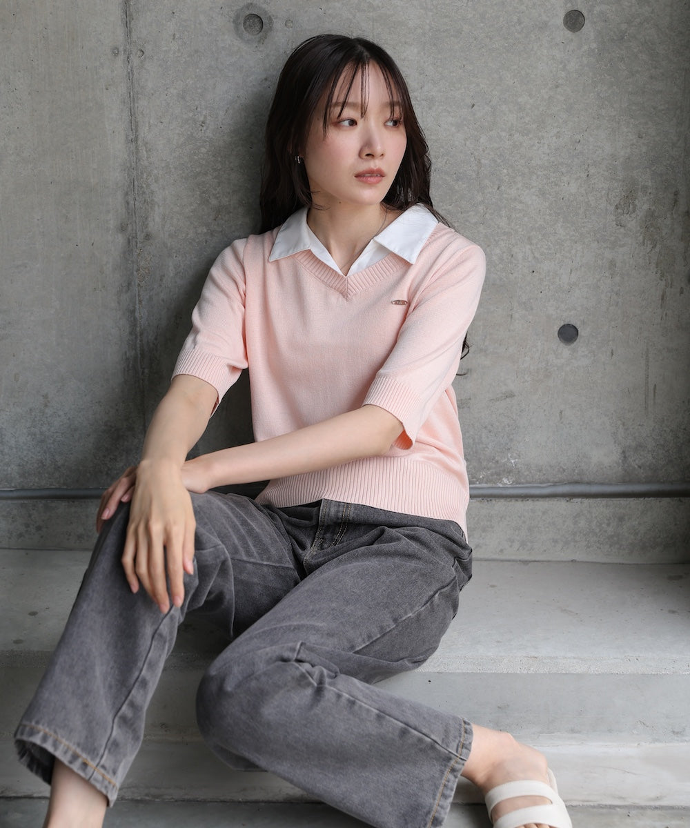 シャツレイヤードライクニットトップス