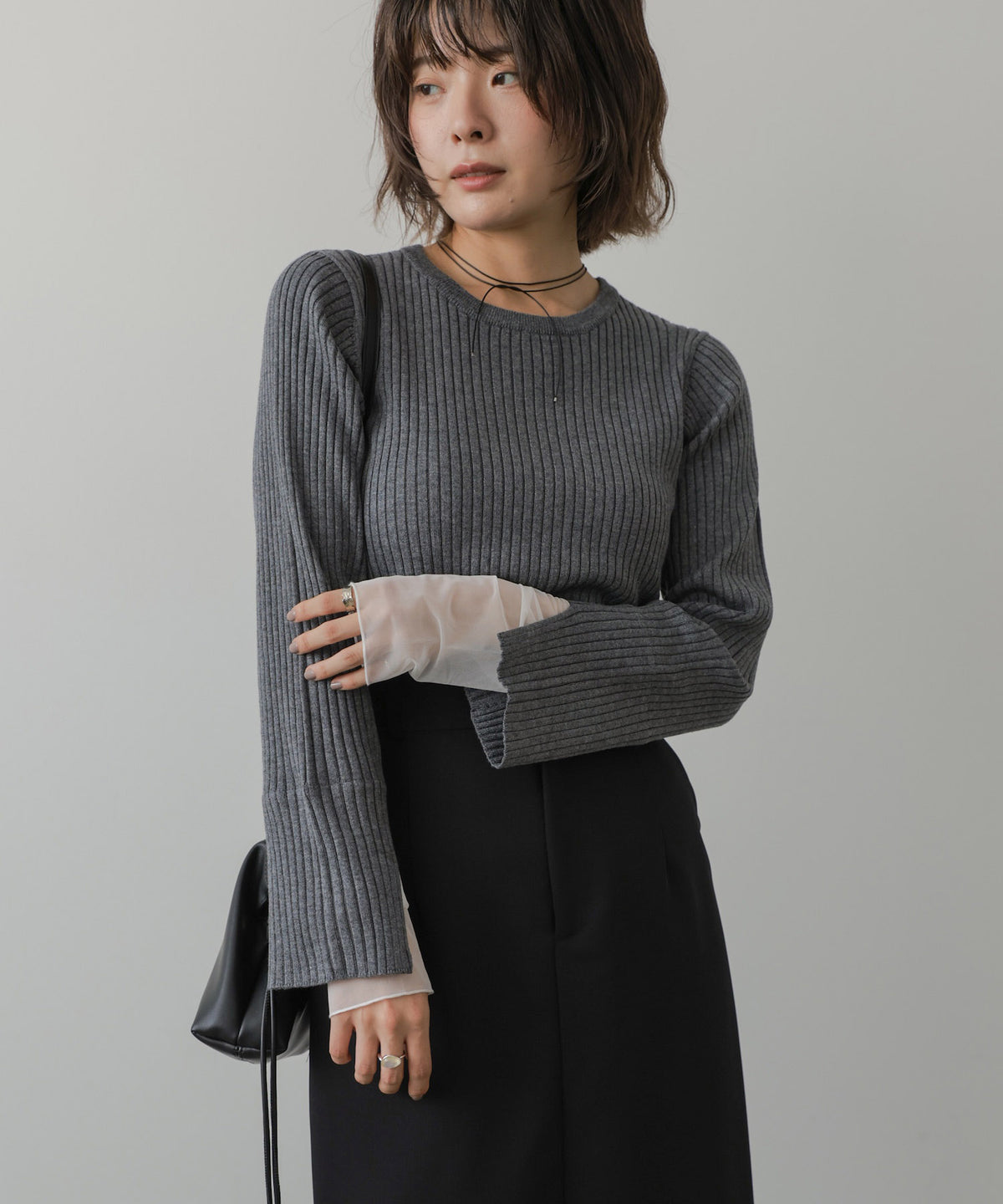 ◆発売前◆【クルーネック】チュールレイヤードリブニットトップス[9/10発売]