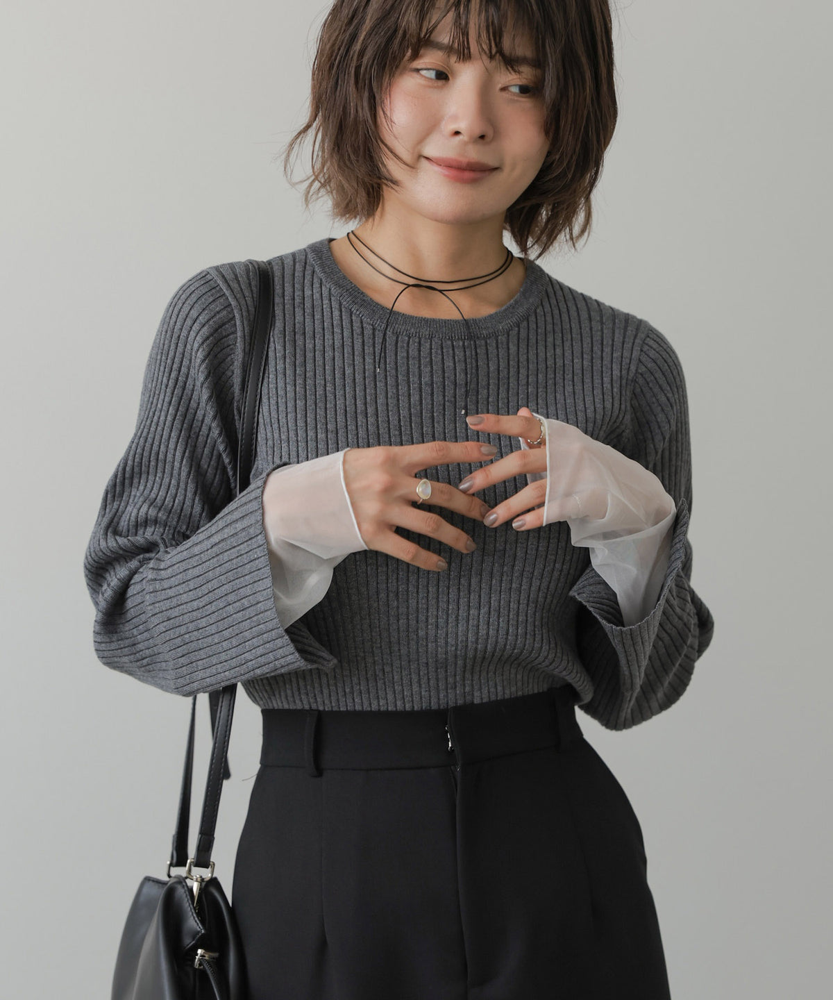 ◆発売前◆【クルーネック】チュールレイヤードリブニットトップス[9/10発売]