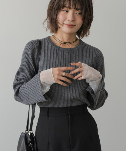 ◆発売前◆【クルーネック】チュールレイヤードリブニットトップス[9/10発売]
