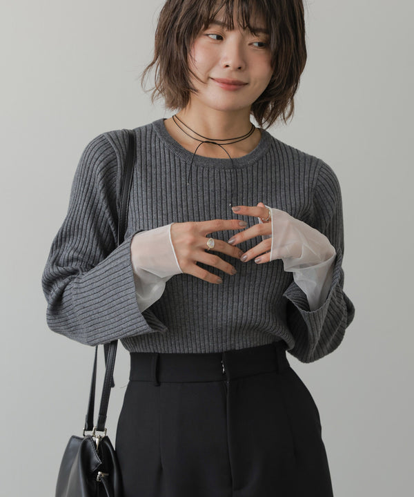 ◆発売前◆【クルーネック】チュールレイヤードリブニットトップス[9/10発売]