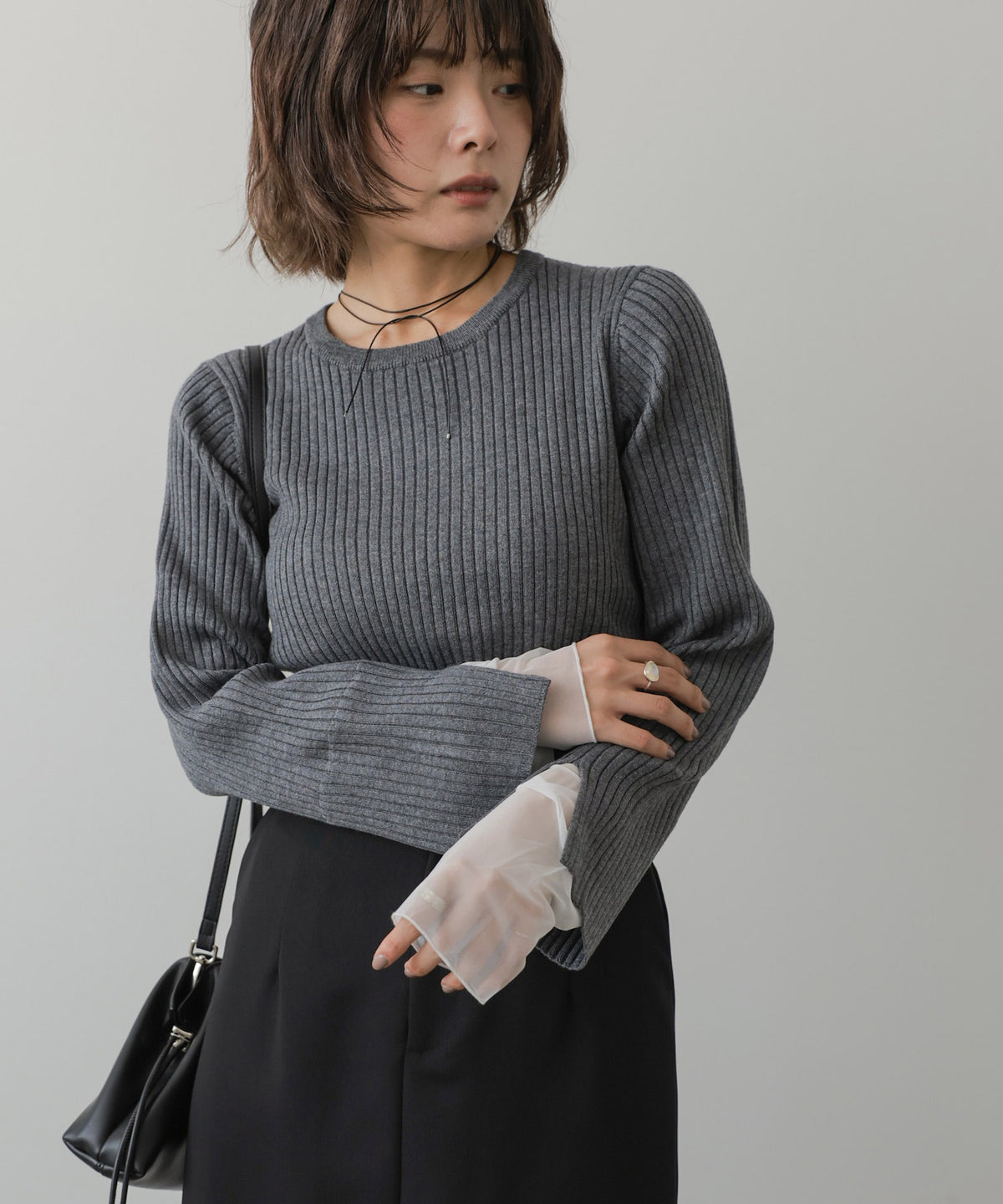 ◆発売前◆【クルーネック】チュールレイヤードリブニットトップス[9/10発売]