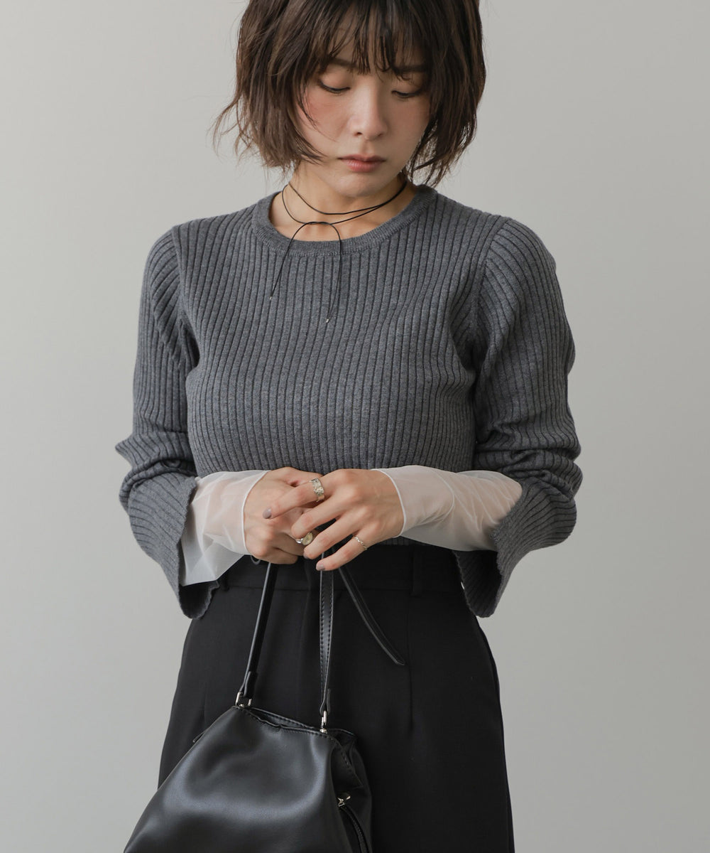 ◆発売前◆【クルーネック】チュールレイヤードリブニットトップス[9/10発売]