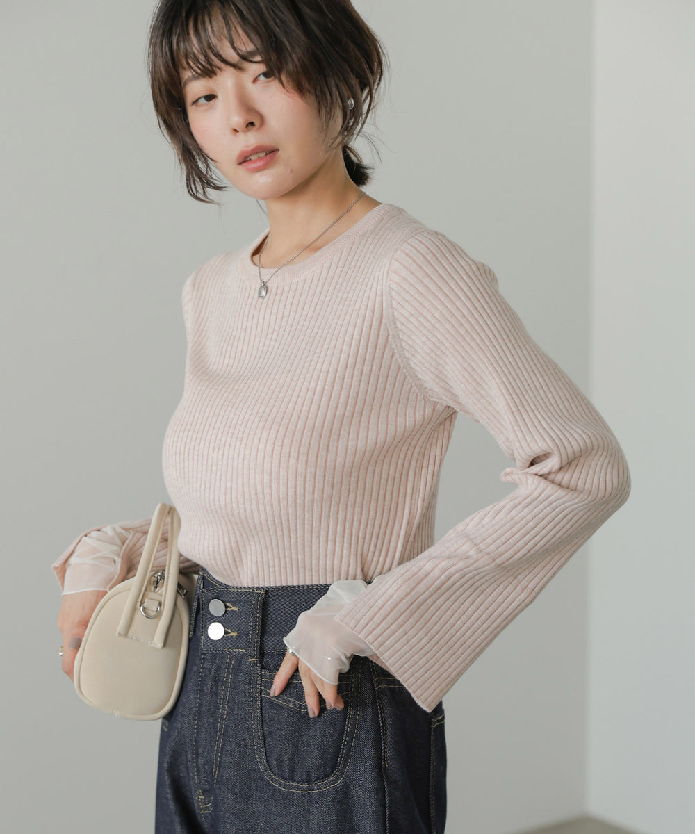 ◆発売前◆【クルーネック】チュールレイヤードリブニットトップス[9/10発売]