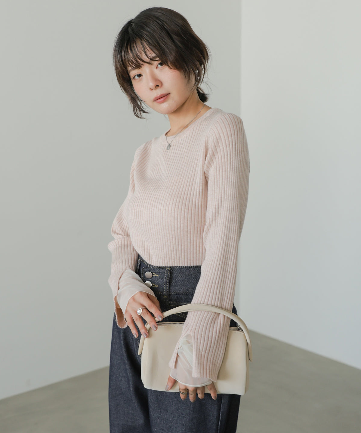 ◆発売前◆【クルーネック】チュールレイヤードリブニットトップス[9/10発売]