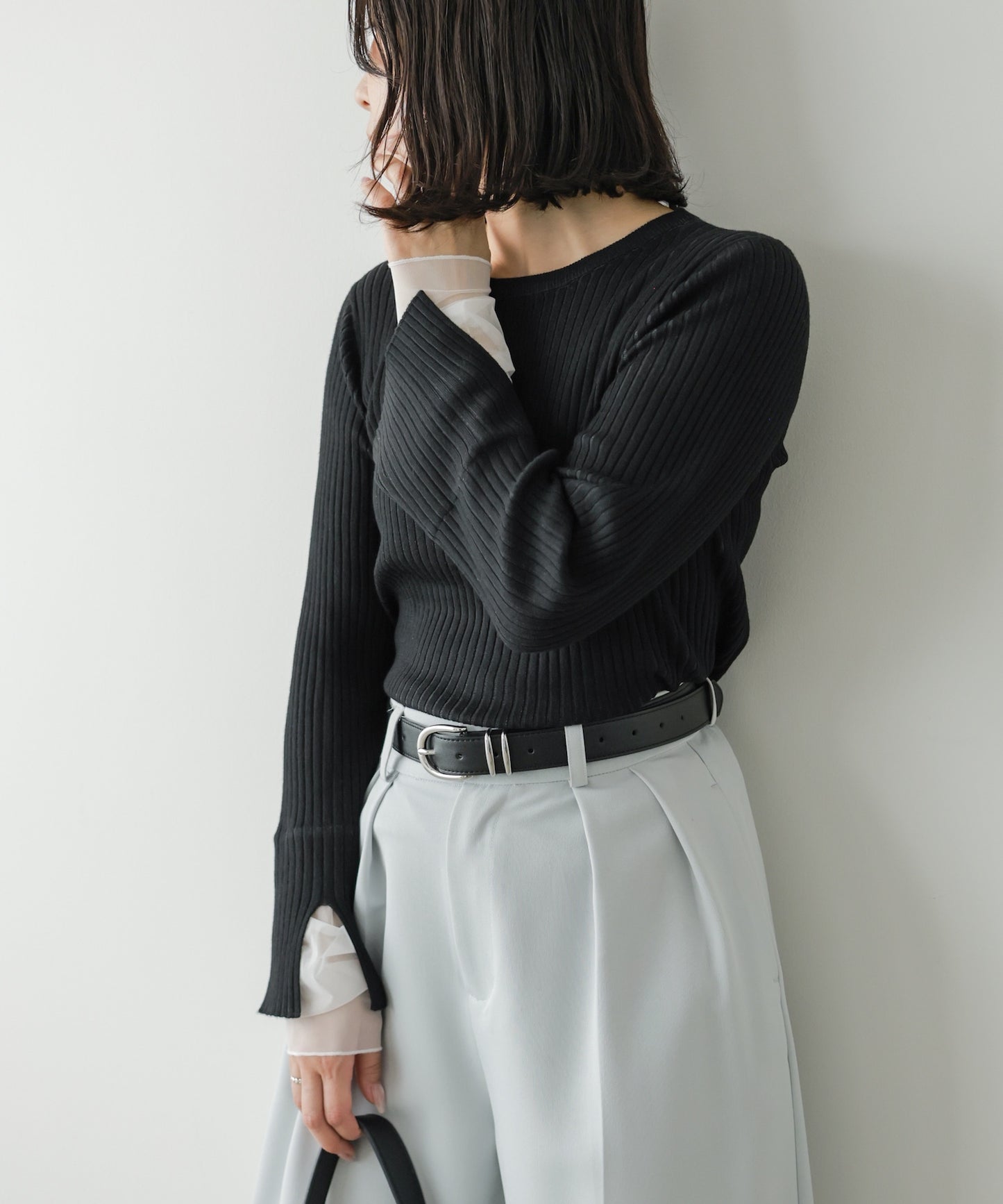 ◆発売前◆【クルーネック】チュールレイヤードリブニットトップス[9/10発売]
