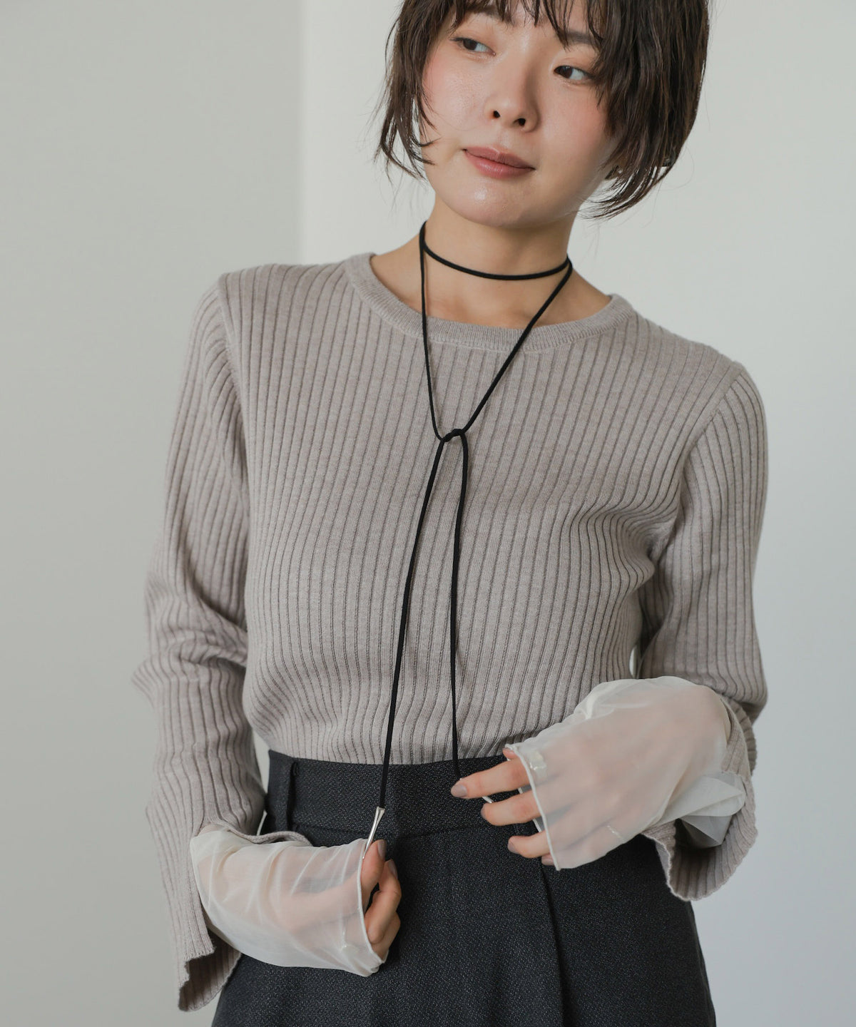 ◆発売前◆【クルーネック】チュールレイヤードリブニットトップス[9/10発売]