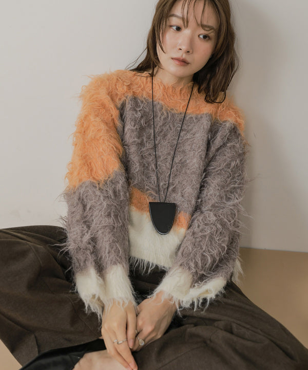 ウェーブ配色ケガキニットトップス