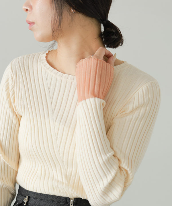 ◆発売前◆【クルーネック】袖シアー使いリブニットトップス[9/3発売開始]