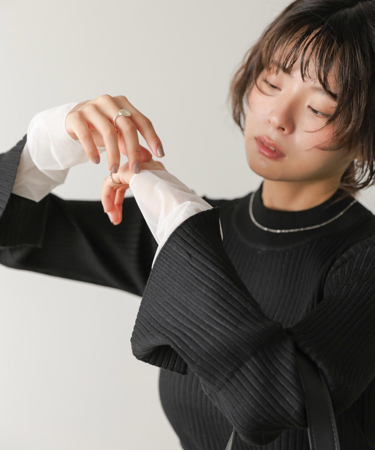 ◆発売前◆【ハイネック】チュールレイヤードリブニットトップス[9/10発売]