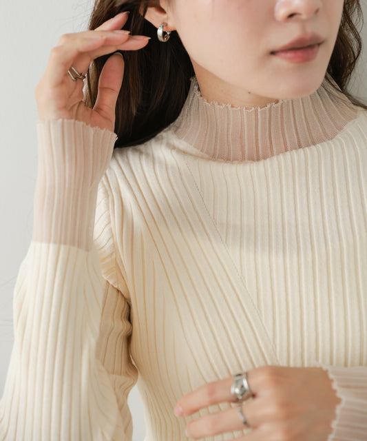 ◆発売前◆袖シアー使いリブニットプチハイネックトップス[9/4発売開始]