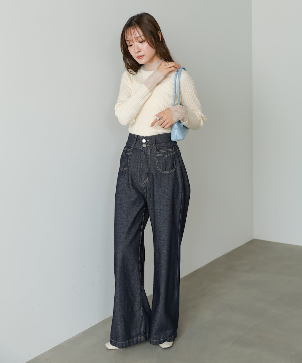 ◆発売前◆【プチハイネック】袖シアー使いリブニットトップス[9/3発売開始]