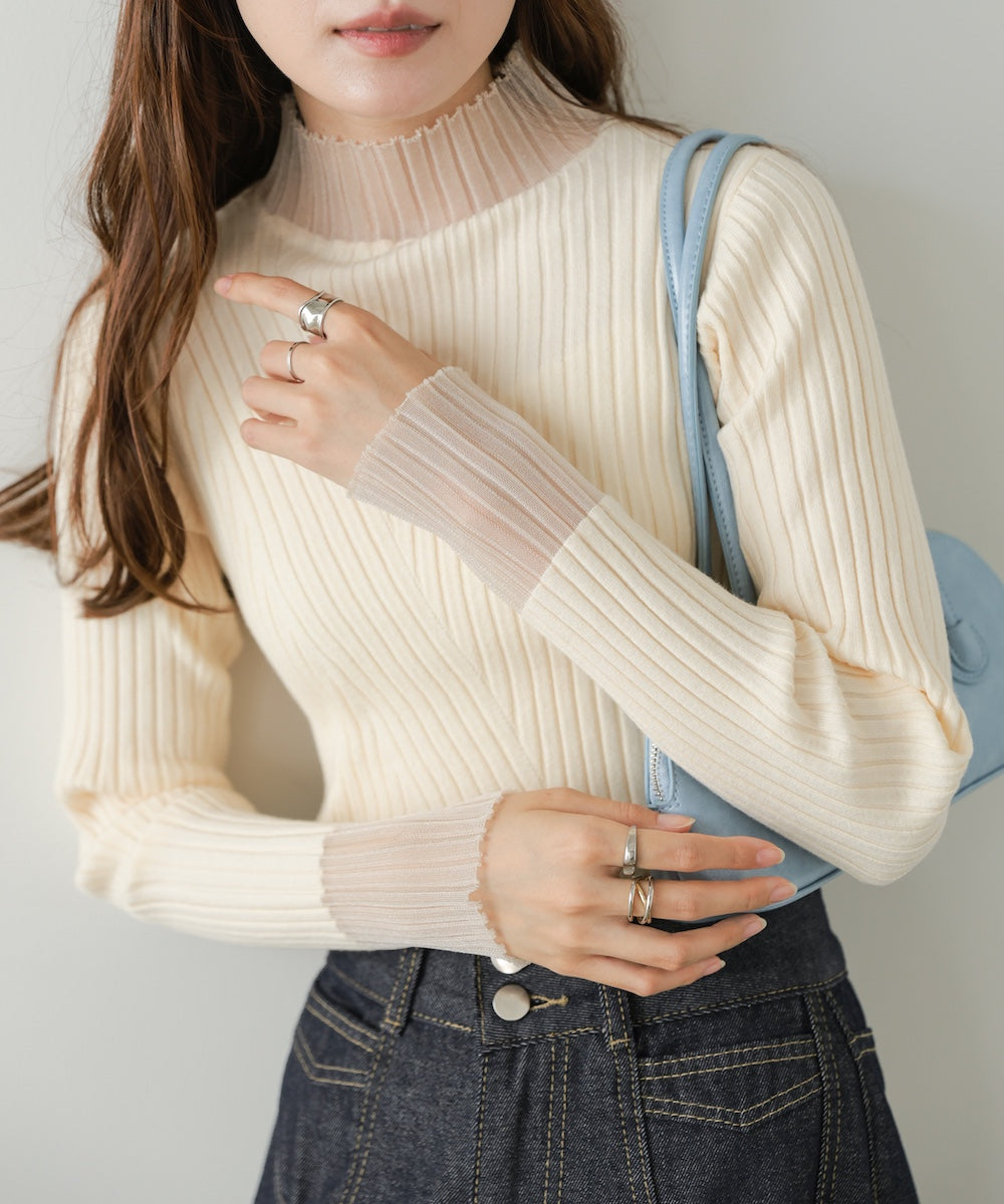 ◆発売前◆【プチハイネック】袖シアー使いリブニットトップス[9/3発売開始]