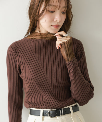 ◆発売前◆【プチハイネック】袖シアー使いリブニットトップス[9/3発売開始]