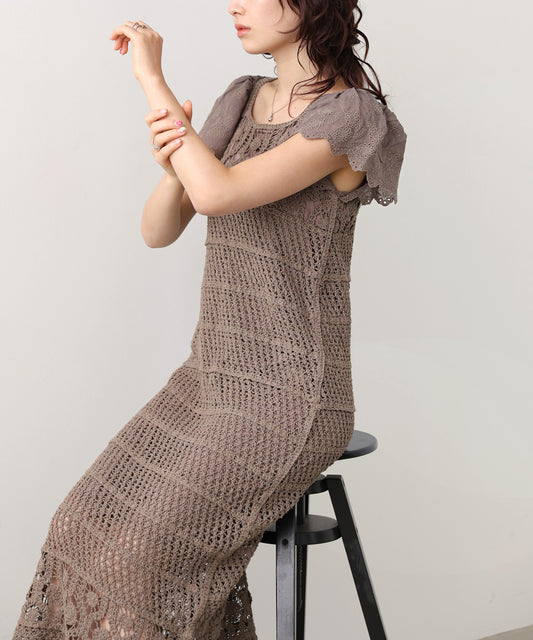 【選べるサイズ展開】ドッキングスリーブクロシェワンピース