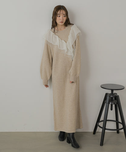 【S・Mサイズ展開】アシンメトリーフリルニットワンピース