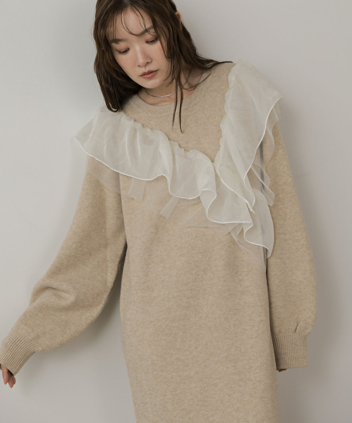 【S・Mサイズ展開】アシンメトリーフリルニットワンピース