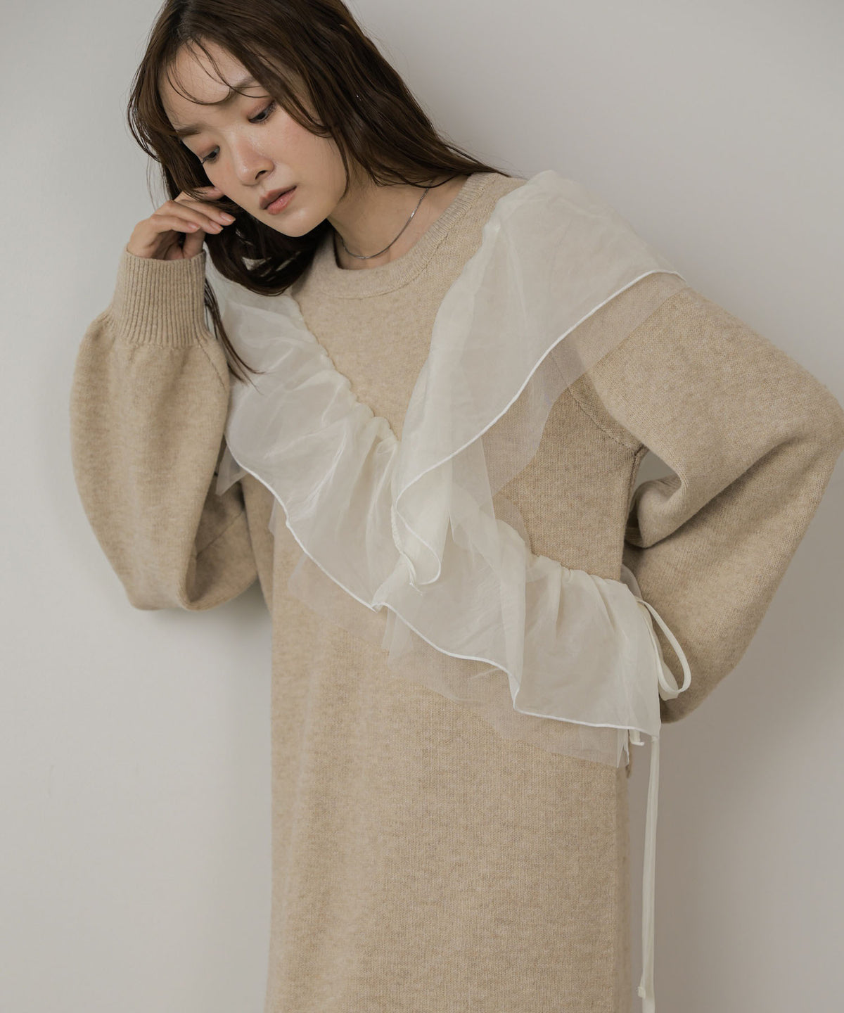 【S・Mサイズ展開】アシンメトリーフリルニットワンピース