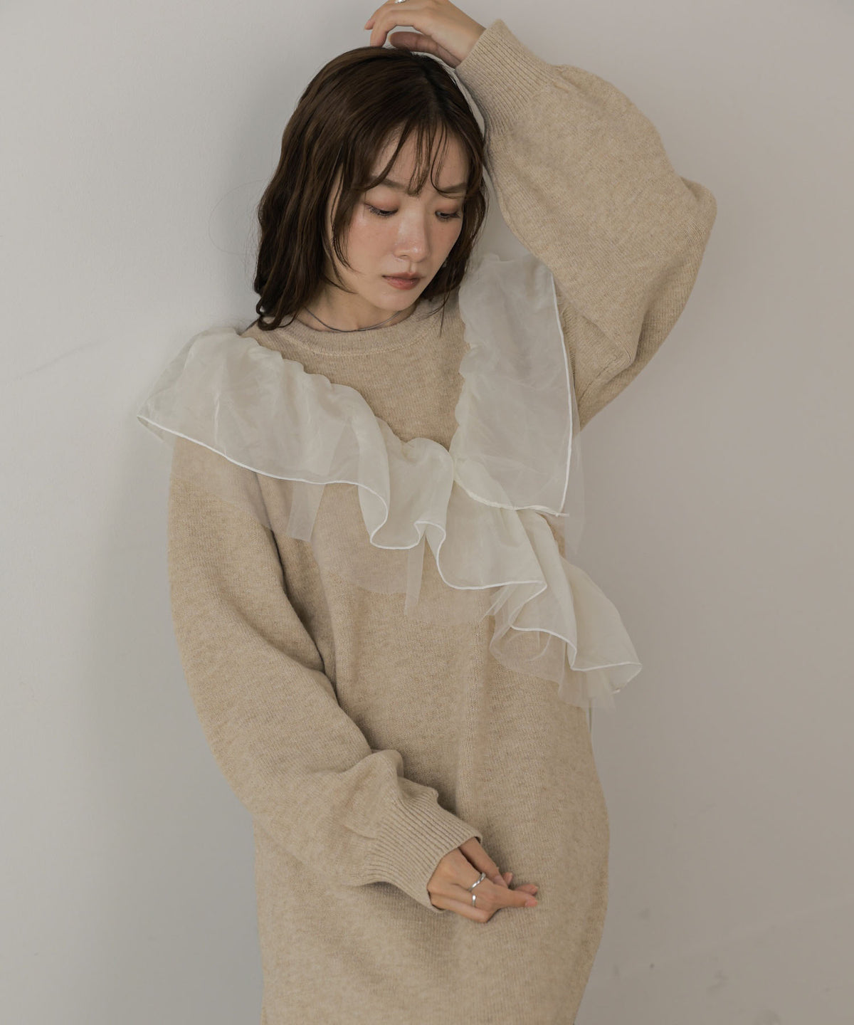 【S・Mサイズ展開】アシンメトリーフリルニットワンピース