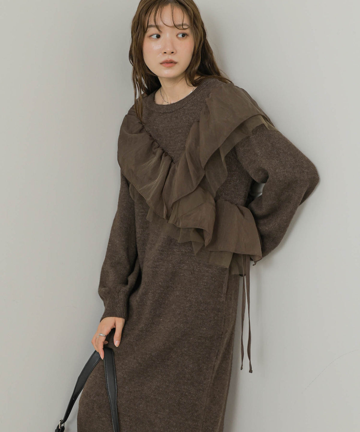 【S・Mサイズ展開】アシンメトリーフリルニットワンピース