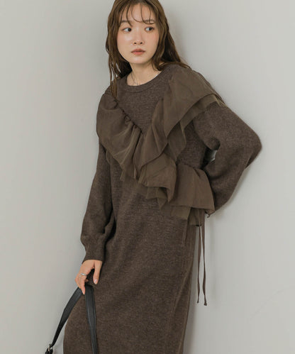 【S・Mサイズ展開】アシンメトリーフリルニットワンピース