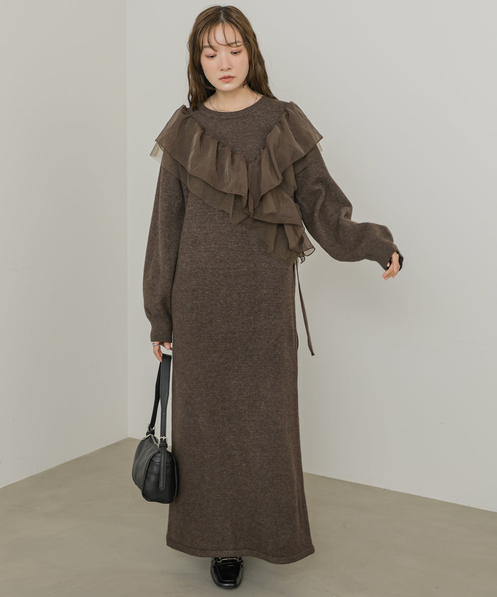 【S・Mサイズ展開】アシンメトリーフリルニットワンピース
