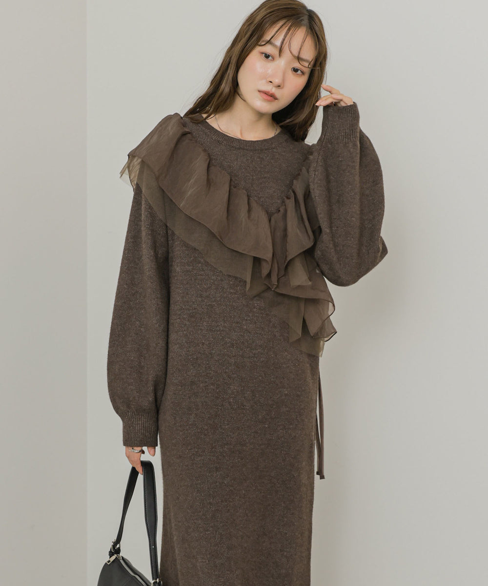 【S・Mサイズ展開】アシンメトリーフリルニットワンピース
