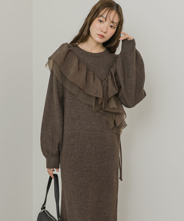 【S・Mサイズ展開】アシンメトリーフリルニットワンピース