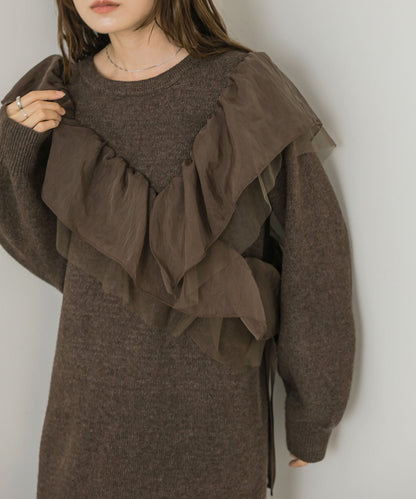 【S・Mサイズ展開】アシンメトリーフリルニットワンピース
