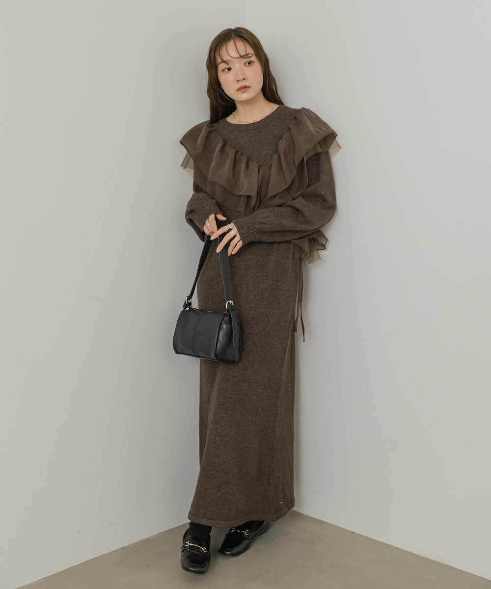 【S・Mサイズ展開】アシンメトリーフリルニットワンピース