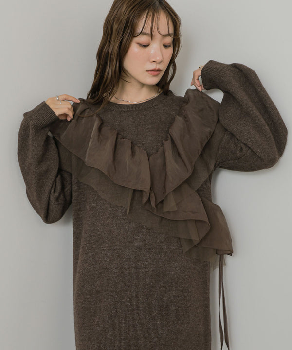 【S・Mサイズ展開】アシンメトリーフリルニットワンピース