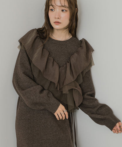 【S・Mサイズ展開】アシンメトリーフリルニットワンピース