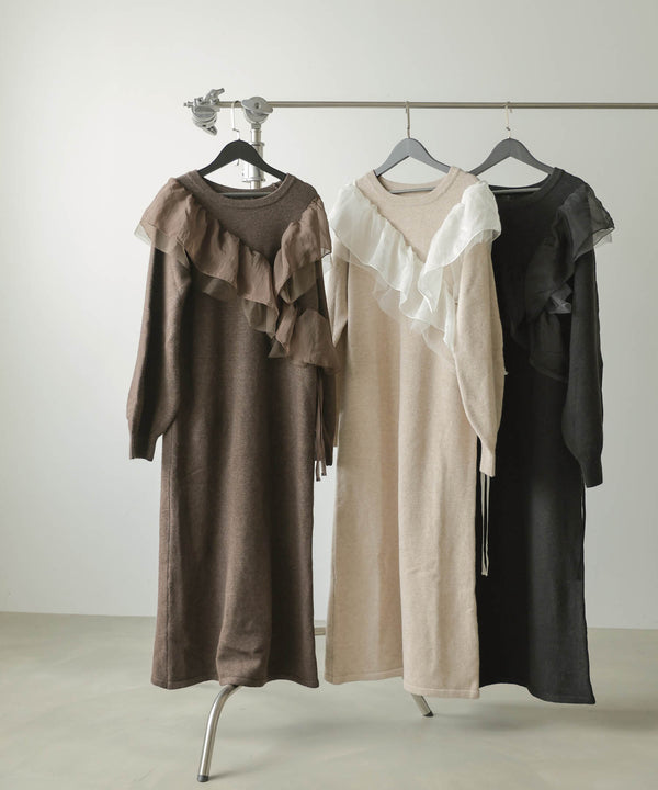 【S・Mサイズ展開】アシンメトリーフリルニットワンピース