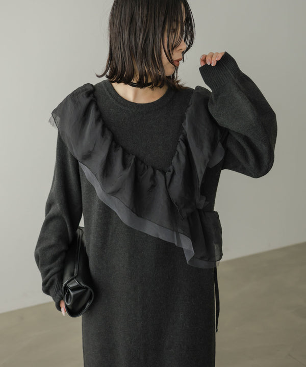 【S・Mサイズ展開】アシンメトリーフリルニットワンピース