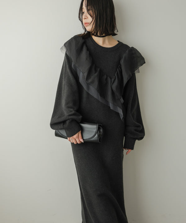 【S・Mサイズ展開】アシンメトリーフリルニットワンピース