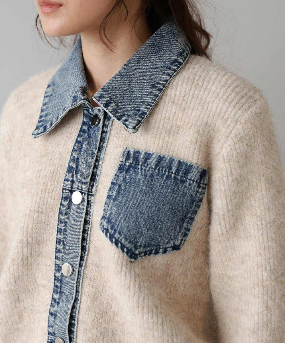 デニム切替ニットカーデ