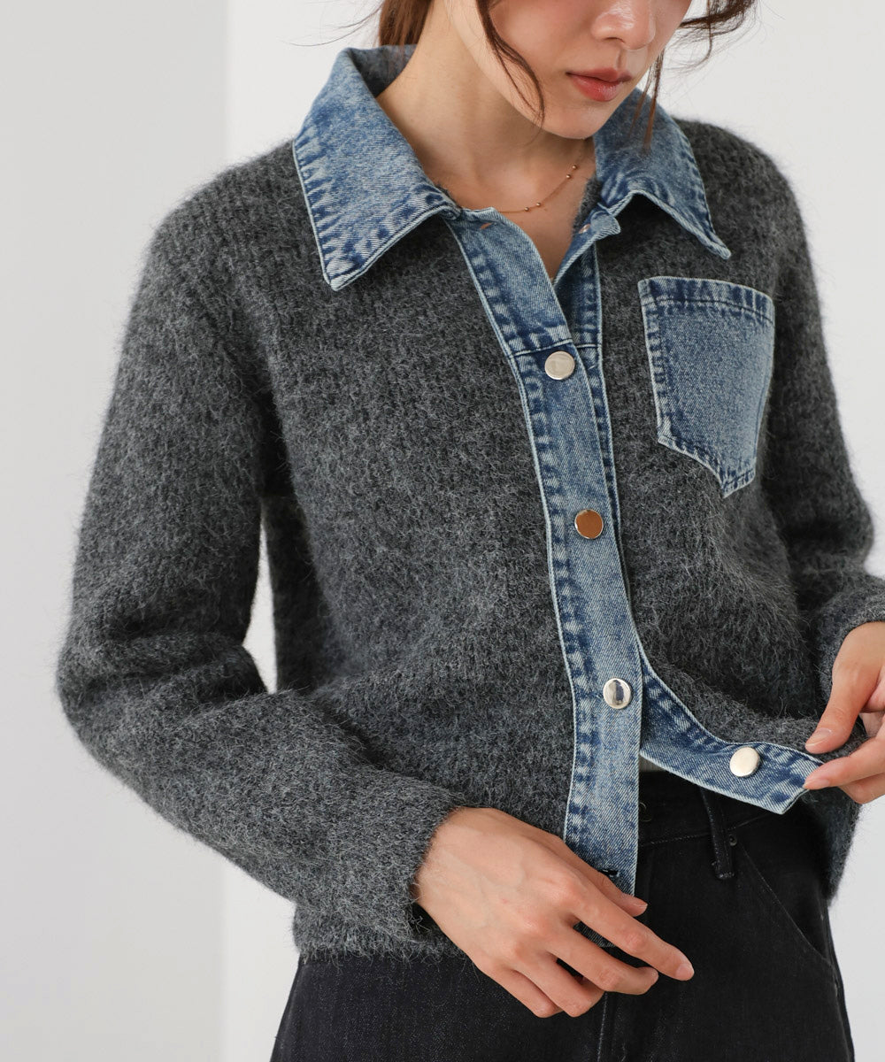 デニム切替ニットカーデ