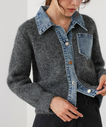 デニム切替ニットカーデ