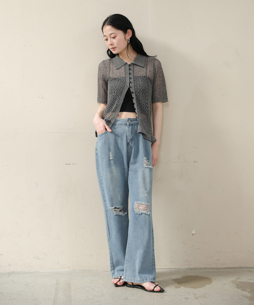 透かし編みニットカーディガン