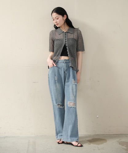 透かし編みニットカーディガン