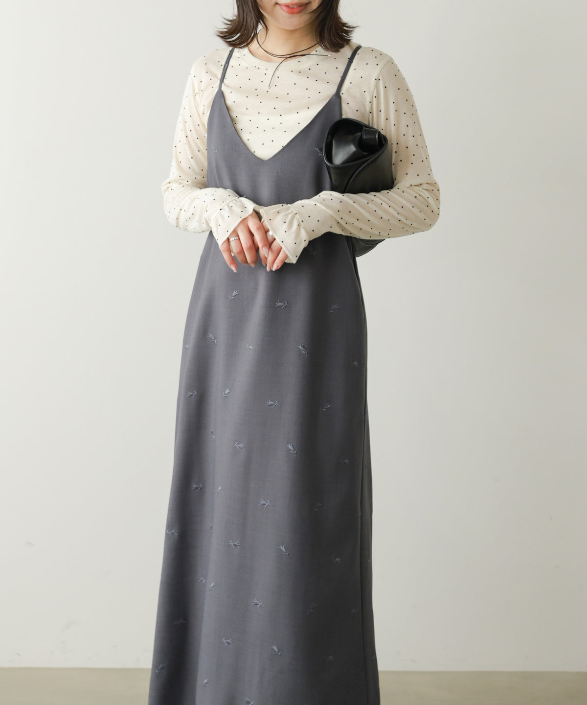 【Dセット】秋のコーデセット【刺繍バックリボンキャミワンピ＆シアードットカットソー】
