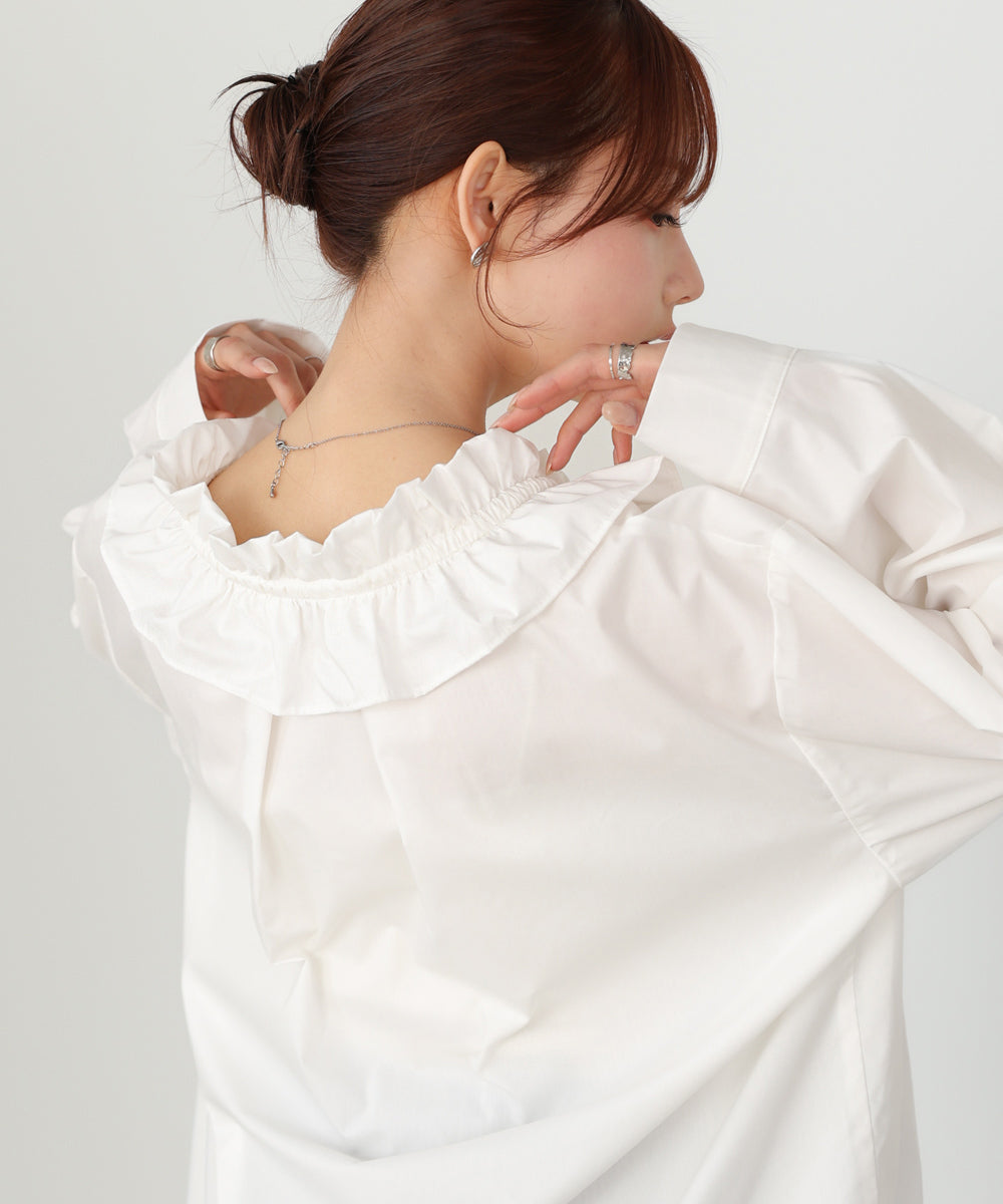 【新品未使用】ギャザーフリルスリーブシャツ ホワイト【再販完売大人気】 ギャザーフリルショート丈シャツ [C7426] - レディースファッション