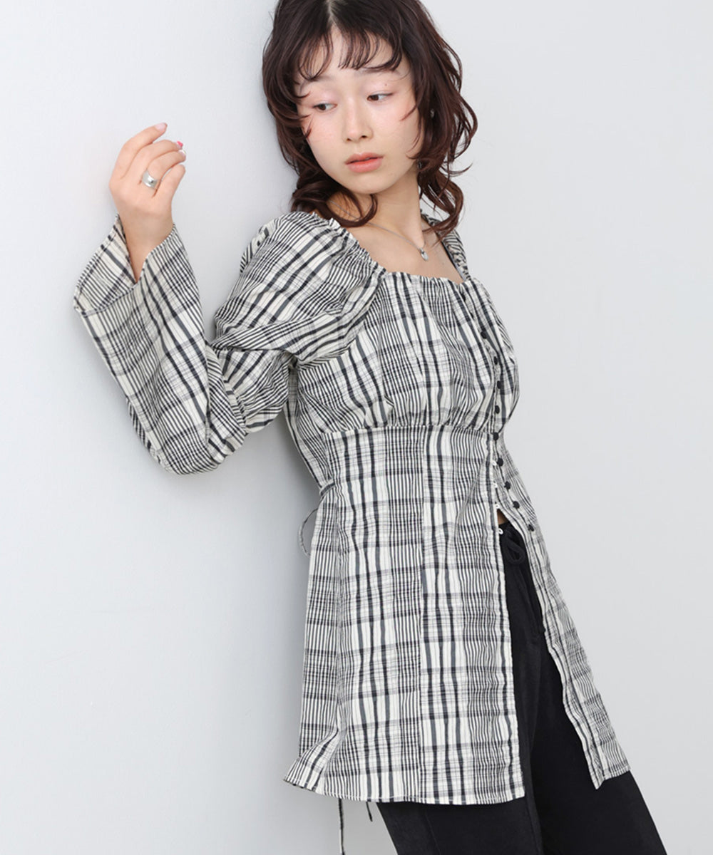 チェック前開きビスチェ風チュニック