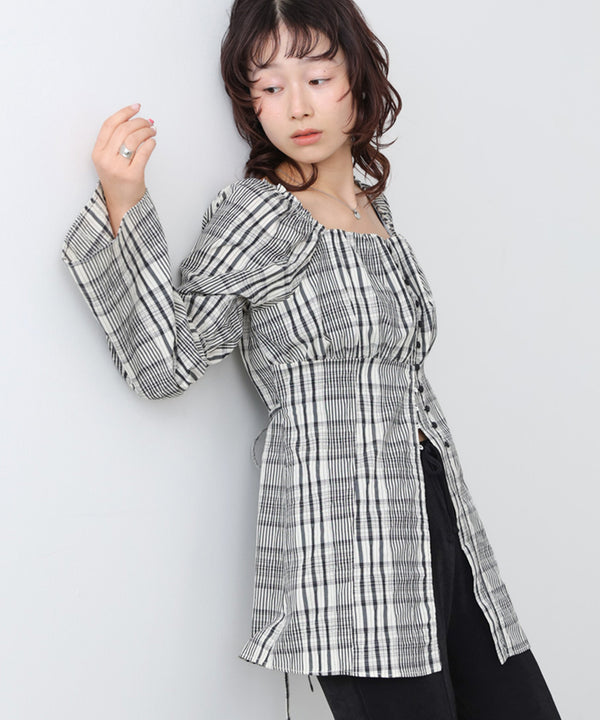 チェック前開きビスチェ風チュニック