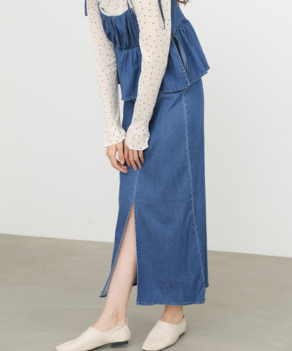 デニムペプラムギャザーキャミワンピース