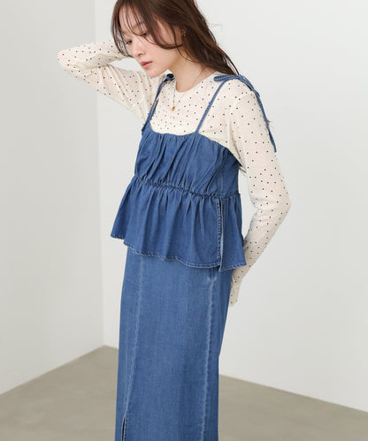 デニムペプラムギャザーキャミワンピース