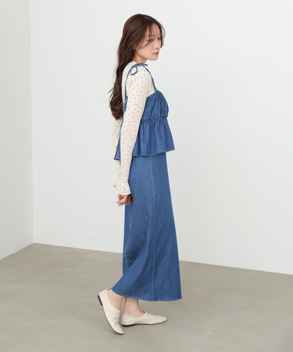 デニムペプラムギャザーキャミワンピース