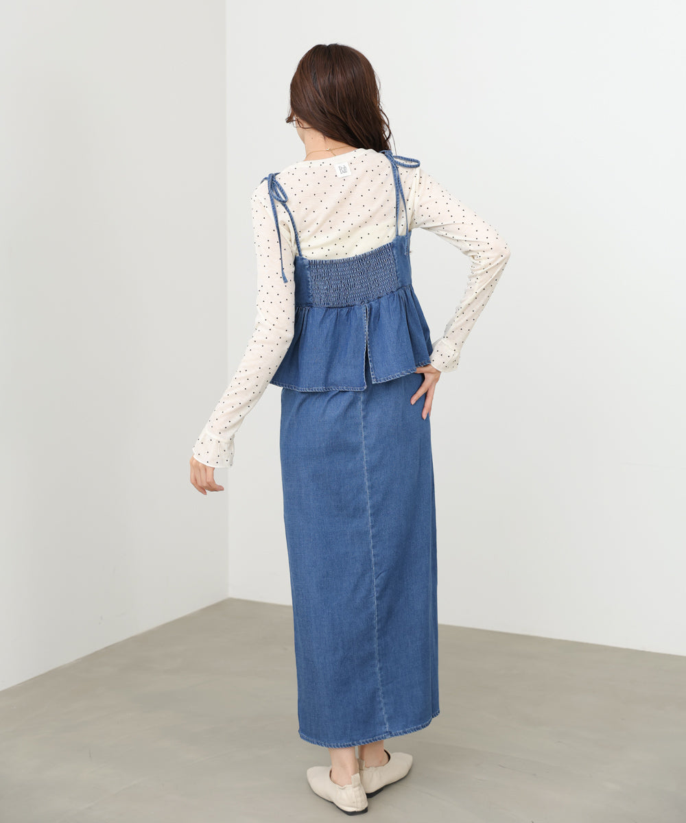 デニムペプラムギャザーキャミワンピース