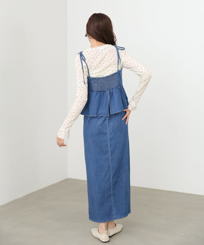 デニムペプラムギャザーキャミワンピース